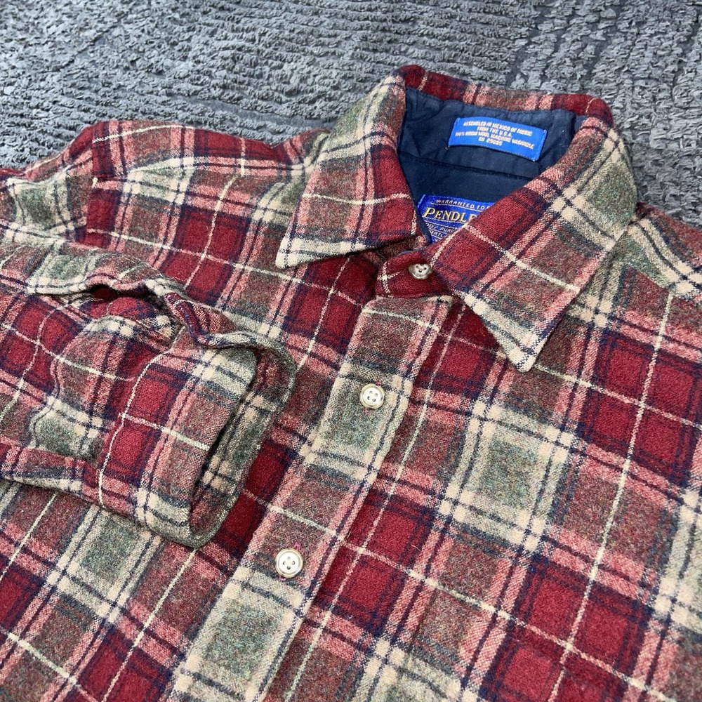 Vintage Pendleton Men's S Virgin Wool Flannel Shirt Red Green Plaid USA Fabric
